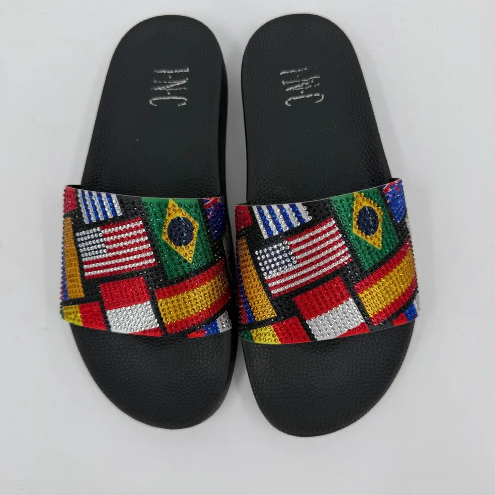 INC International Concepts World Flag Rhinestone Slide Sandals Black Womens 7
